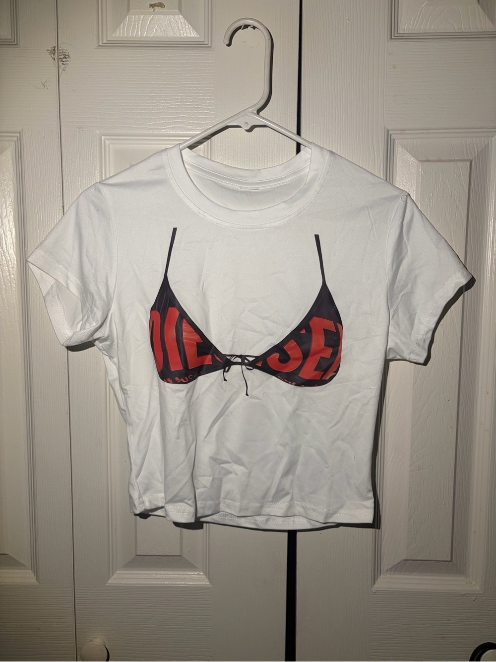 Diesel White Crop Tee with Red Bikini Graphic